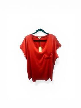 Jodifl Red Satin V-Neck Pocket Short Sleeve Top Size L